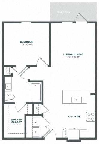 Floor plan for 1 bed, 1 bath, 718 sqft